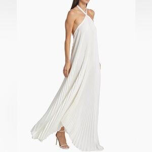 L’Idée Asymmetric Pleated Halter Gown in Ivory